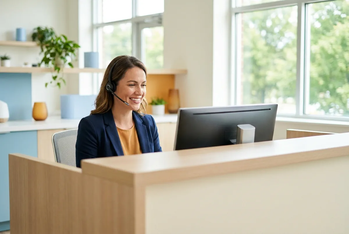 A clinic receptionist wearing a headset, answering a call at the front desk